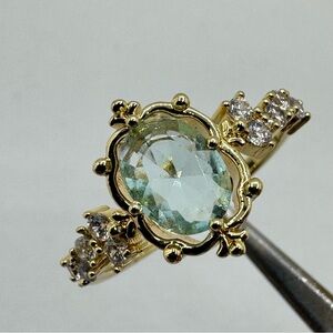 Aquamarine Blue CZ Art Deco Ring Gold Vintage Style Statement Minimalist